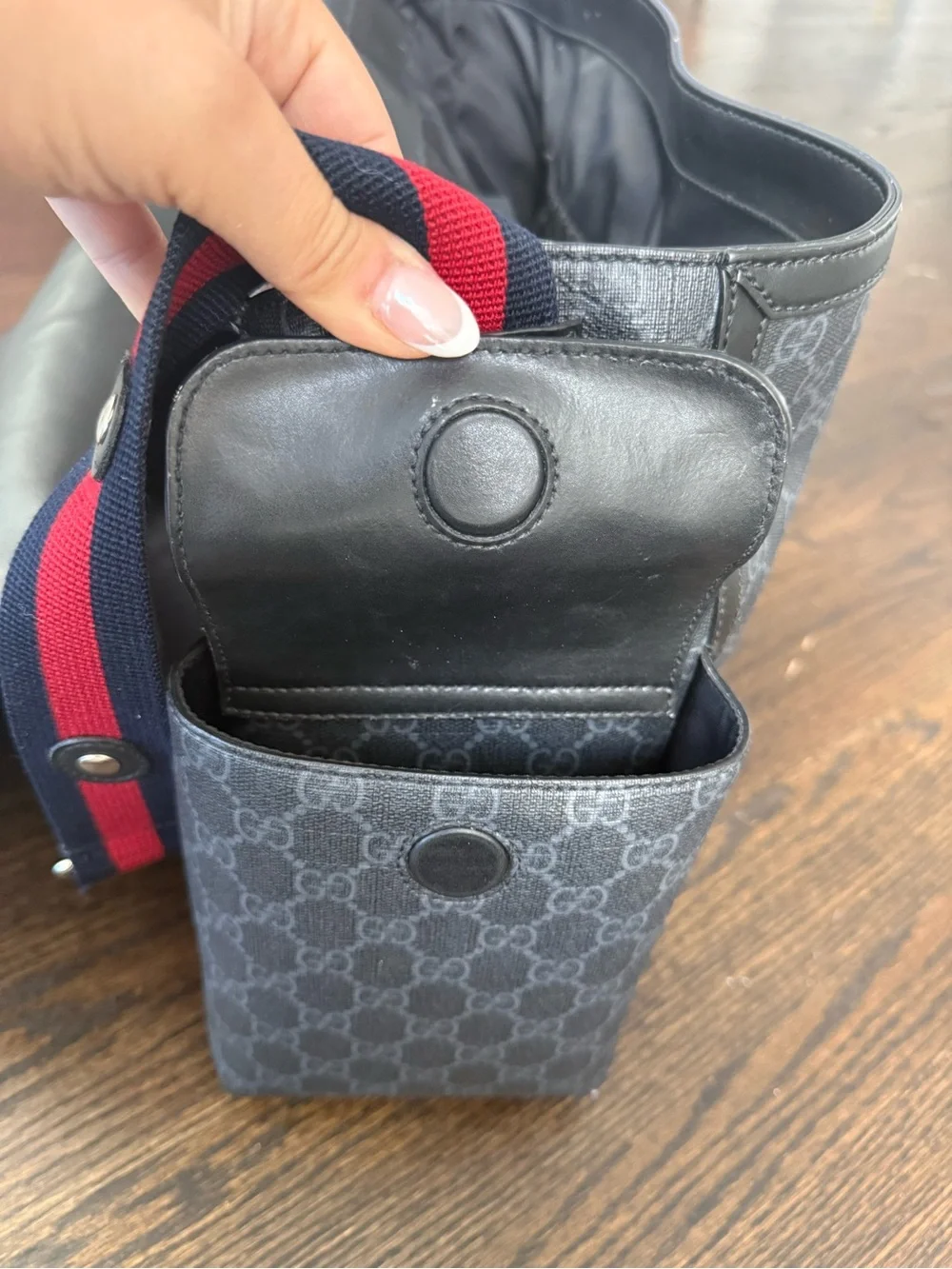 Gucci Black Monogram Diaper Bag with Red and Blue Web Strap